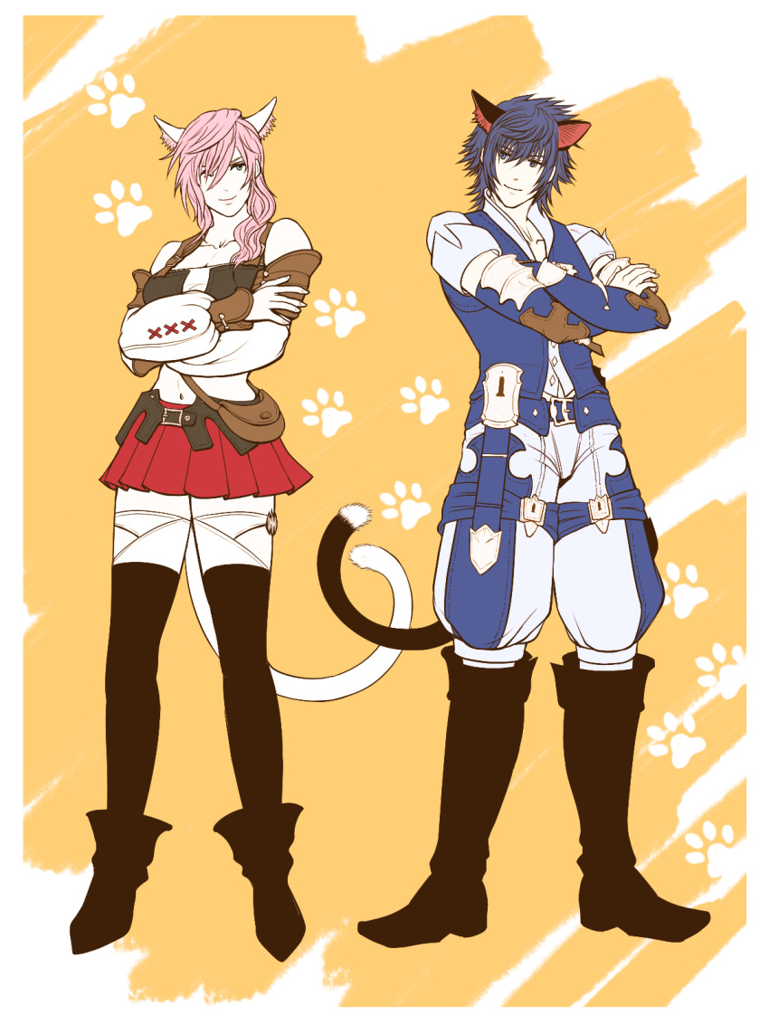 1boy 1girl animal_ears asymmetrical_hair black_hair boots breasts cat_ears cat_tail cleavage commentary_request cosplay crossed_arms detached_sleeves final_fantasy final_fantasy_xiii final_fantasy_xiv final_fantasy_xv highres lightning_farron looking_at_another miniskirt miqo'te miqo'te_(cosplay) noctis_lucis_caelum paw_print pink_hair pocopoco33 red_skirt skirt smile standing tail thighhighs