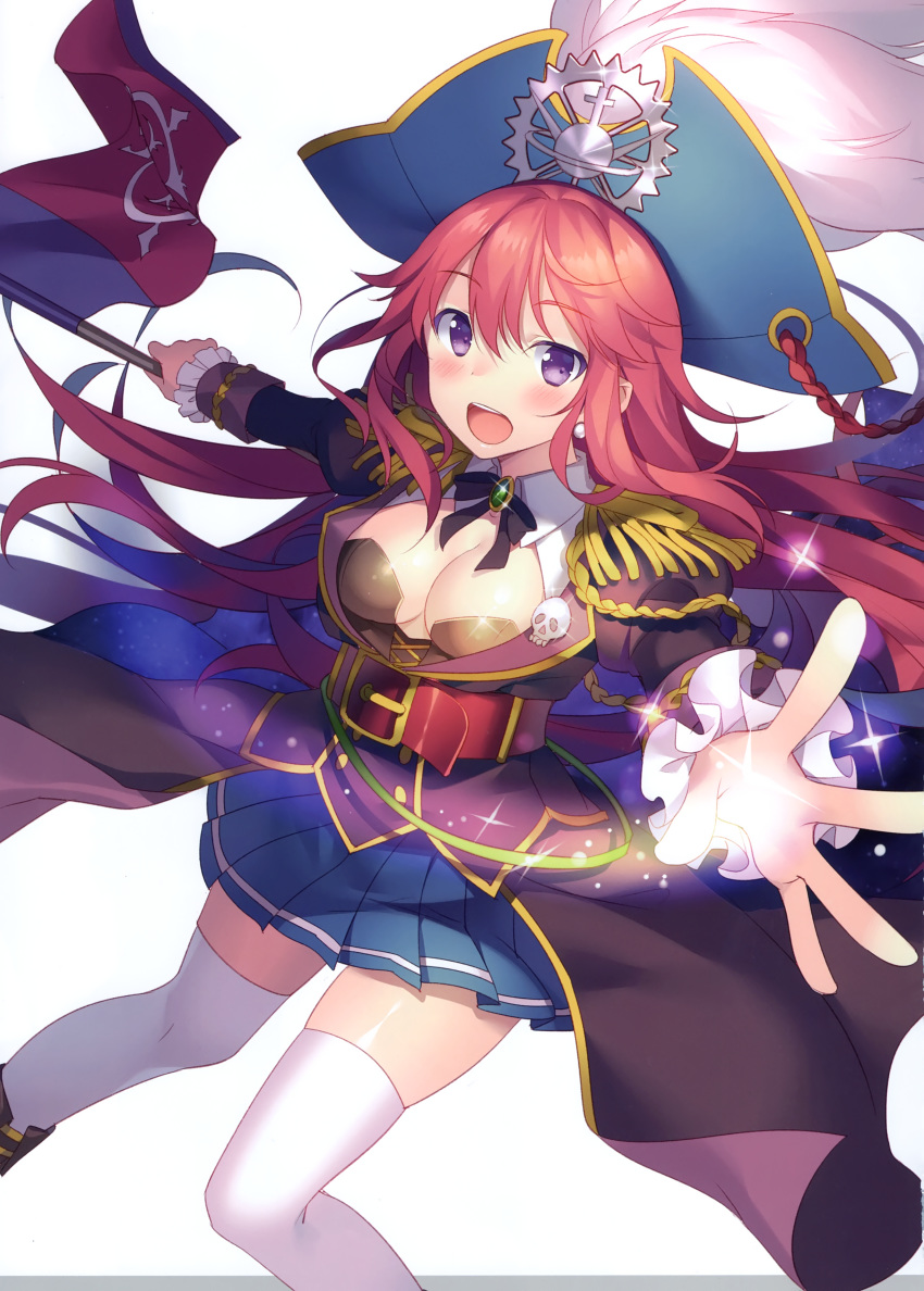 1girl :d absurdres aiguilette belt blue_skirt boots bow bowtie breasts brooch cleavage epaulettes flag floating_hair hat highres holding jewelry juliet_sleeves long_hair long_sleeves looking_at_viewer magic mary_drake medium_breasts miniskirt open_mouth outstretched_arms pirate_hat pleated_skirt puffy_sleeves purple_coat purple_eyes red_hair rie_(reverie) scan sidelocks skirt smile solo sparkle thighhighs uchi_no_hime-sama_ga_ichiban_kawaii very_long_hair white_legwear wing_collar zettai_ryouiki