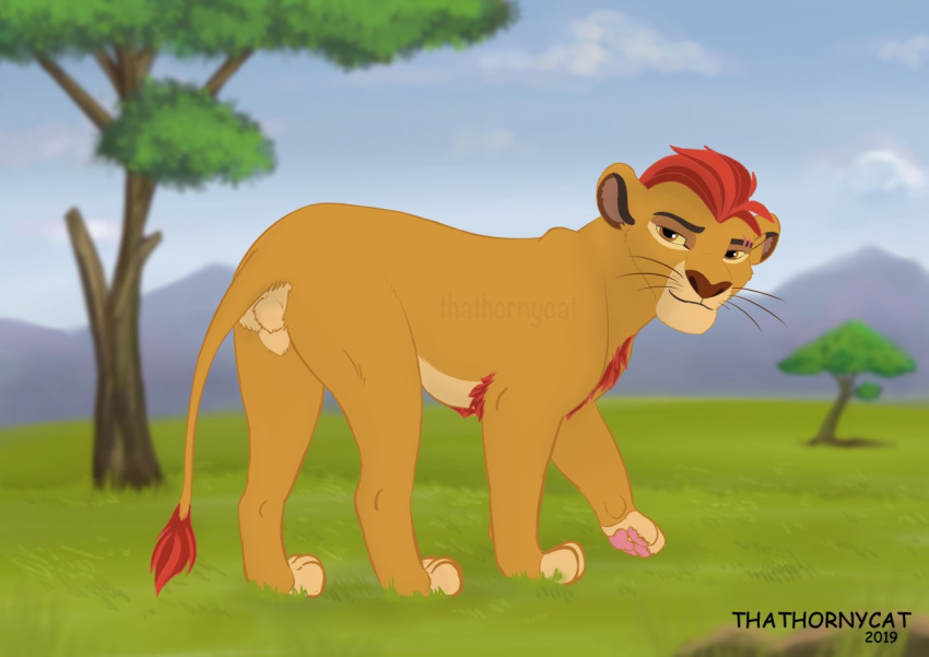 animal_genitalia balls colored disney felid feral grass kion lion looking_at_viewer male mammal mane pantherine paws red_mane scar shaded sheath solo standing teenager thathornycat the_lion_guard the_lion_king young