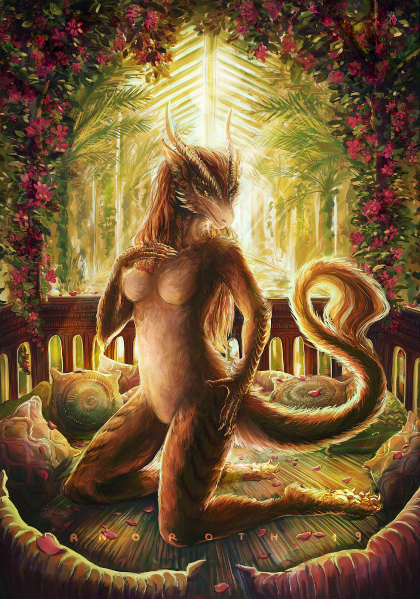 2019 anoroth anthro breasts brown_body brown_fur day detailed_background digital_media_(artwork) dragon featureless_breasts featureless_crotch female fur furred_dragon hi_res lisyra outside solo wingless_dragon