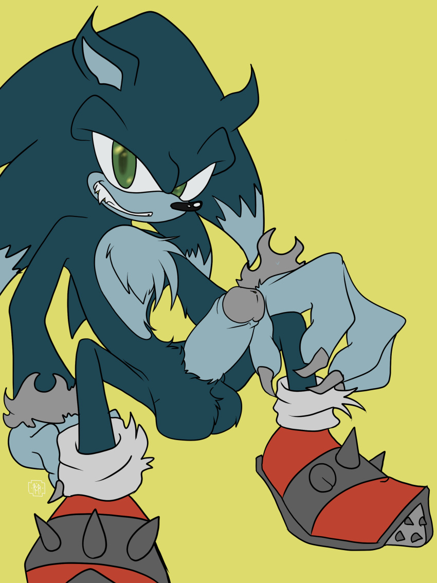 2019 absurd_res anthro balls blue_body blue_fur claws clothing digital_media_(artwork) erection eulipotyphlan fingernails fingers fur gloves green_eyes handwear hedgehog hi_res humanoid_penis male mammal nails nude penile penis ruetteroulette sharp_teeth smile solo sonic_(series) sonic_the_werehog spikes teeth video_games were wereeulipotyphlan werehog