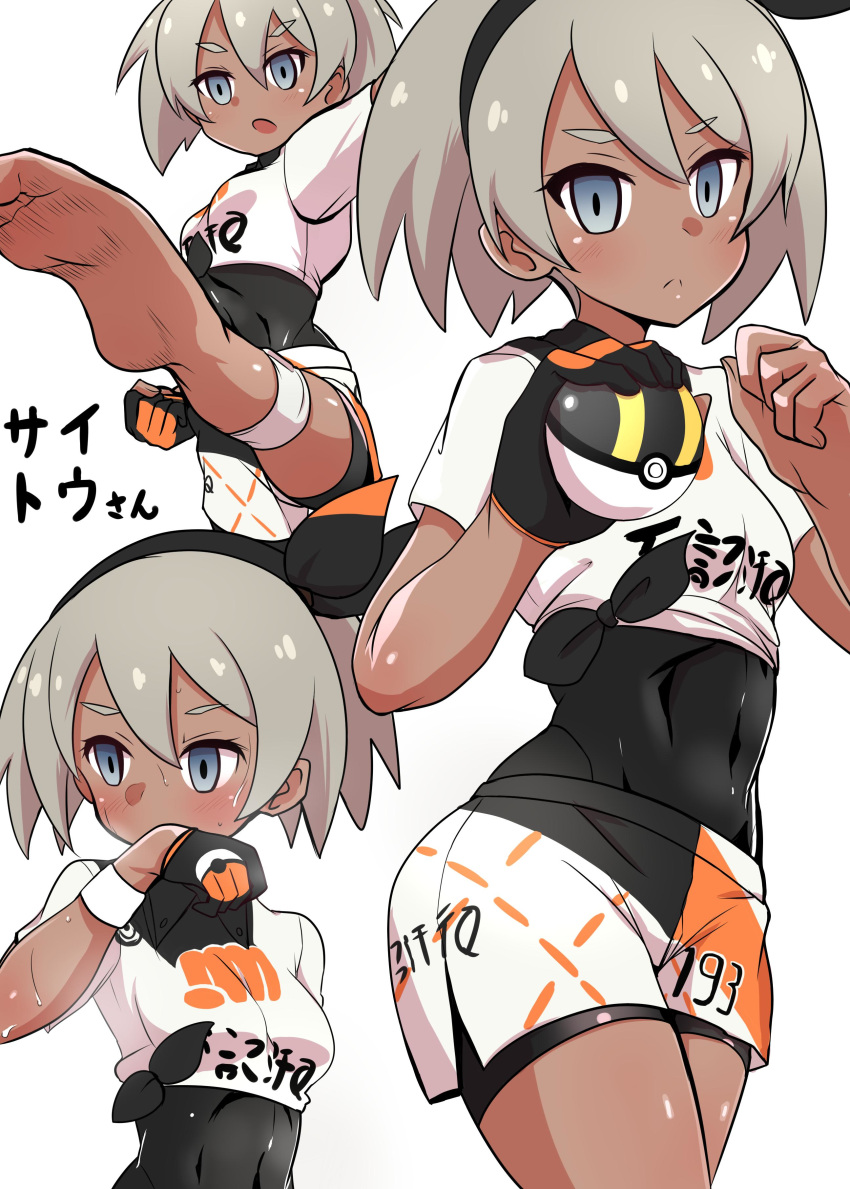 1girl abs absurdres bangs barefoot black_bodysuit black_hairband bodysuit bodysuit_under_clothes character_name clenched_hand closed_mouth clothes_writing covered_navel dark_skin eyebrows_visible_through_hair frown gloves grey_eyes grey_hair gym_leader hairband highres holding holding_poke_ball knee_pads kumo_(atm) leg_up looking_at_viewer looking_to_the_side multiple_views open_mouth orange_gloves poke_ball pokemon pokemon_(game) pokemon_swsh print_shorts saitou_(pokemon) shirt short_hair short_shorts short_sleeves shorts simple_background single_glove solo standing sweat tied_shirt translated two-tone_gloves ultra_ball white_background white_shirt white_shorts wiping_sweat wristband