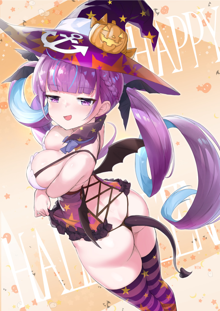 1girl ass back bangs black_panties blue_eyes blunt_bangs blush bow bowtie braid breast_hold breasts butt_crack crystal_shoujo curly_hair demon_tail demon_wings detached_collar eyebrows_visible_through_hair fake_tail fake_wings half-closed_eyes halloween hat highleg highleg_panties highres hololive large_breasts long_hair looking_at_viewer looking_up minato_aqua multicolored multicolored_clothes multicolored_hair multicolored_legwear open_mouth panties pumpkin purple_eyes purple_hair purple_legwear revealing_clothes smile solo string_panties striped striped_legwear tail thighhighs thong twintails two-tone_hair underwear virtual_youtuber wings witch_hat