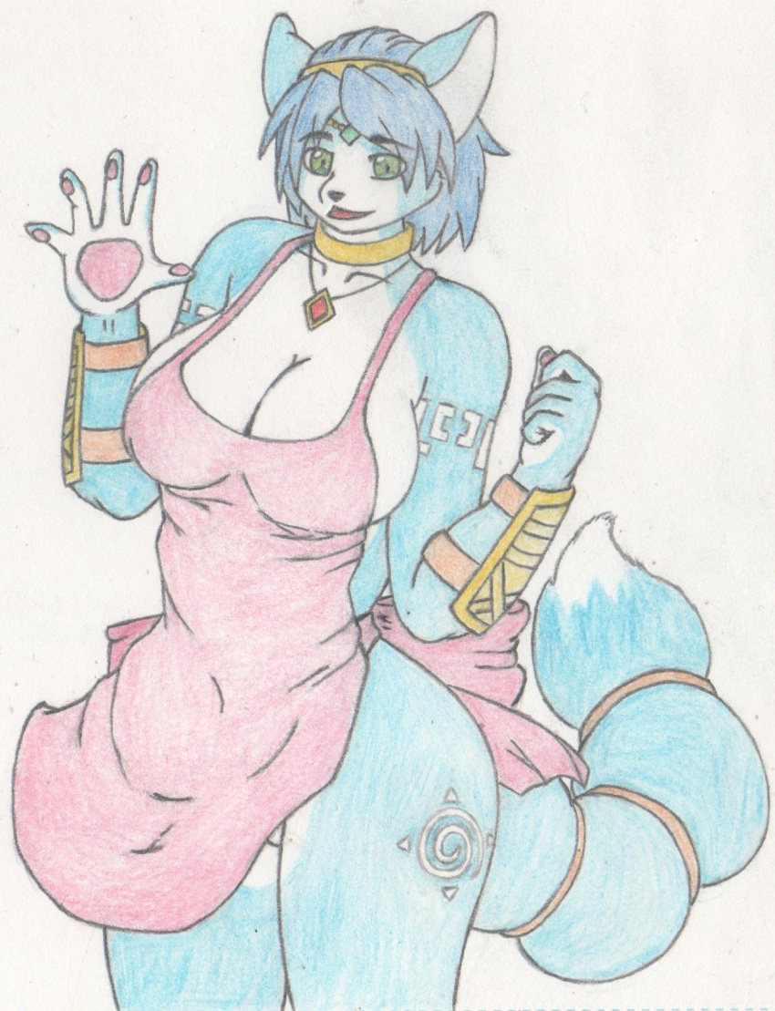 anthro apron apron_only blue_body blue_fur blue_hair breasts canid canine cleavage clothed clothing colored_pencil_(artwork) female fox fur gesture green_eyes hair hi_res imjim007 jewelry krystal mammal mostly_nude necklace nintendo simple_background solo standing star_fox traditional_media_(artwork) video_games waving white_background