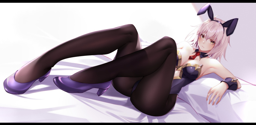 1girl absurdres ahoge animal_ears arms_at_sides bangs bare_shoulders bed bed_sheet blush breasts bunny_ears bunny_girl bunnysuit cleavage closed_mouth collarbone detached_collar eyebrows_visible_through_hair fake_animal_ears fate/grand_order fate_(series) fifty1202 foreshortening hair_between_eyes high_heels highleg highleg_leotard highres indoors jeanne_d'arc_(alter)_(fate) jeanne_d'arc_(fate)_(all) large_breasts legs leotard letterboxed looking_at_viewer lying necktie on_back on_bed pantyhose pillow purple_footwear purple_leotard red_neckwear short_necktie solo strapless strapless_leotard white_hair wrist_cuffs yellow_eyes