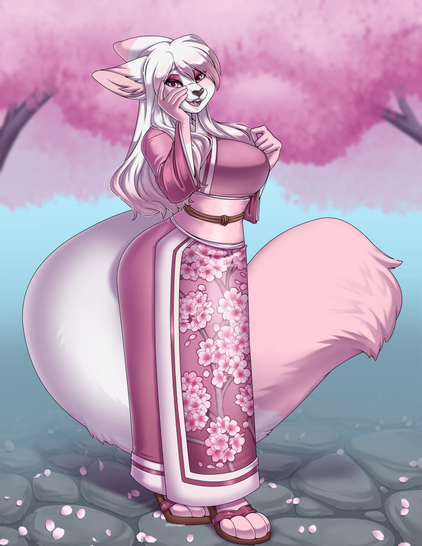 absurd_res anthro asian_clothing blithedragon blush breasts canid canine canis cherry_blossom clothed clothing east_asian_clothing female fingers fur hair hi_res japanese_clothing kimono long_hair mammal open_mouth plant sakuradlyall solo standing teeth tongue white_body white_fur wolf