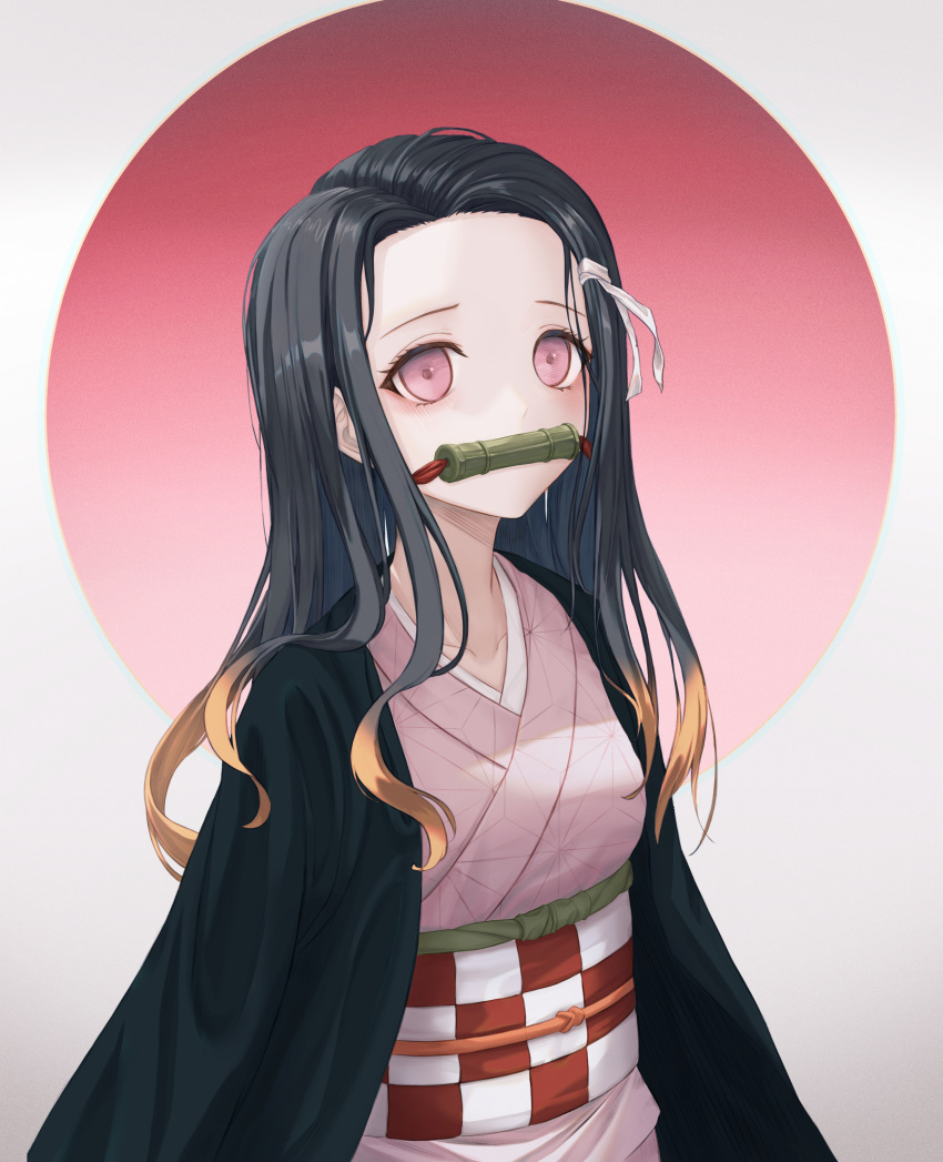 1girl absurdres bit_gag black_hair blonde_hair checkered collarbone commentary_request eichi_(pixiv35286171) forehead gag gagged gradient gradient_background gradient_hair highres japanese_clothes kamado_nezuko kimetsu_no_yaiba kimono long_hair long_sleeves multicolored_hair obi open_clothes pink_eyes pink_kimono rising_sun sash sidelocks solo sunburst upper_body