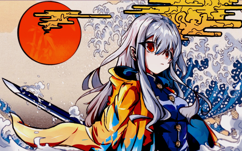 15183338668 1girl absurdres arknights buttons cape check_commentary cloud commentary commentary_request highres hood jacket kanagawa long_hair red_eyes red_sun silver_hair skadi solo sun sword tagme waves weapon yellow_jacket