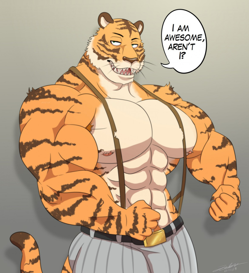 abs anthro beastars biceps big_muscles bill_(beastars) clothed clothing dialogue english_text felid hi_res jabuhusky male mammal muscular muscular_male nipples pantherine pecs solo suspenders teeth text tiger topless triceps