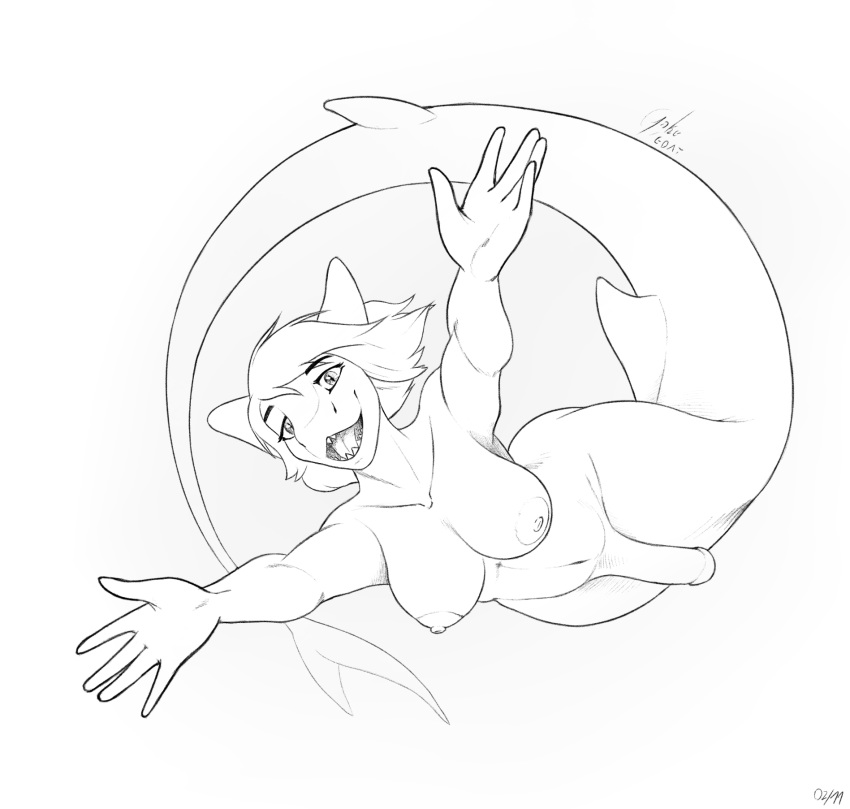 2019 anthro approaching areola breasts digital_media_(artwork) fish free_art gynomorph hair hi_res intersex jakethegoat looking_at_viewer marine merfolk nipples nude open_mouth penis shark simple_background siren sketch smile solo swimming thick_thighs