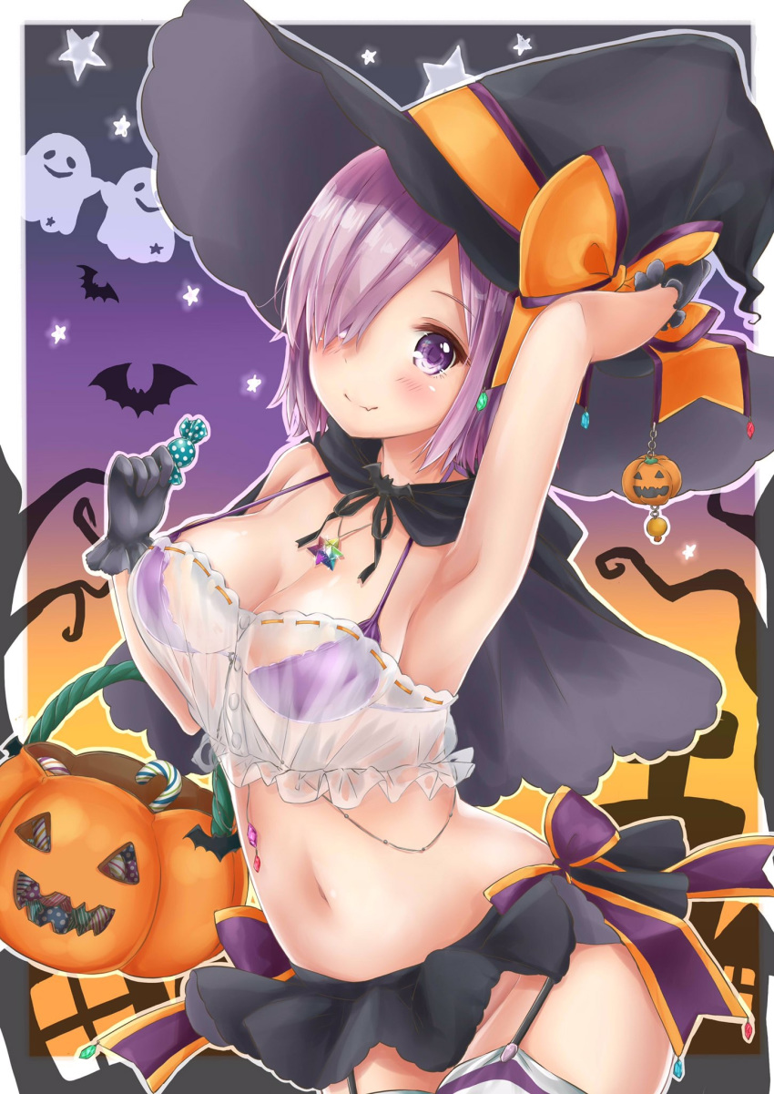 1girl alternate_costume bat black_headwear blush bow bra breasts cleavage commentary commentary_request fang fate/grand_order fate_(series) hair_over_one_eye halloween hat highres holding jewelry large_bow looking_at_viewer mash_kyrielight mikujin_(mikuzin24) navel necklace orange_bow pumpkin purple_bra purple_eyes purple_hair ribbon see-through short_hair skirt smile solo underwear witch_hat