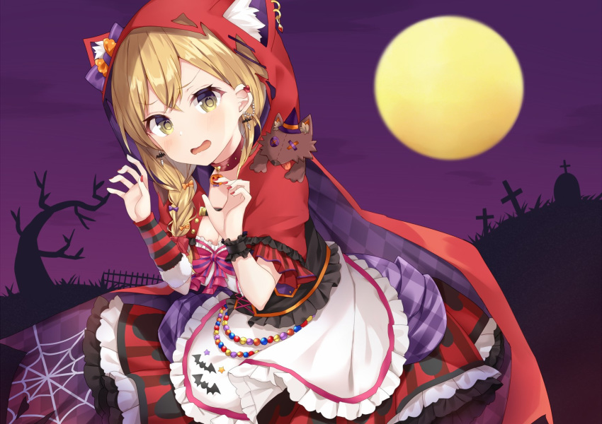 1girl animal_ears animal_print bang_dream! bare_tree bat_print big_bad_wolf big_bad_wolf_(cosplay) blonde_hair blush bow braid breasts brown_eyes cleavage coat collar commentary_request cosplay dress eyebrows_visible_through_hair fox_ears frills full_moon gradient grass halloween highres hood hooded_coat ichigaya_arisa jack-o'-lantern jewelry komomo_(ptkrx) lace lace-trimmed_dress layered_dress layered_skirt little_red_riding_hood_(grimm) little_red_riding_hood_(grimm)_(cosplay) looking_at_viewer moon nail_polish open_mouth orange_bow paw_pose pearl_(gemstone) purple_bow purple_sky red_coat red_collar red_nails ribbon scrunchie side_braid silhouette silk sky solo spider_web striped stuffed_animal stuffed_toy tombstone tree wrist_scrunchie
