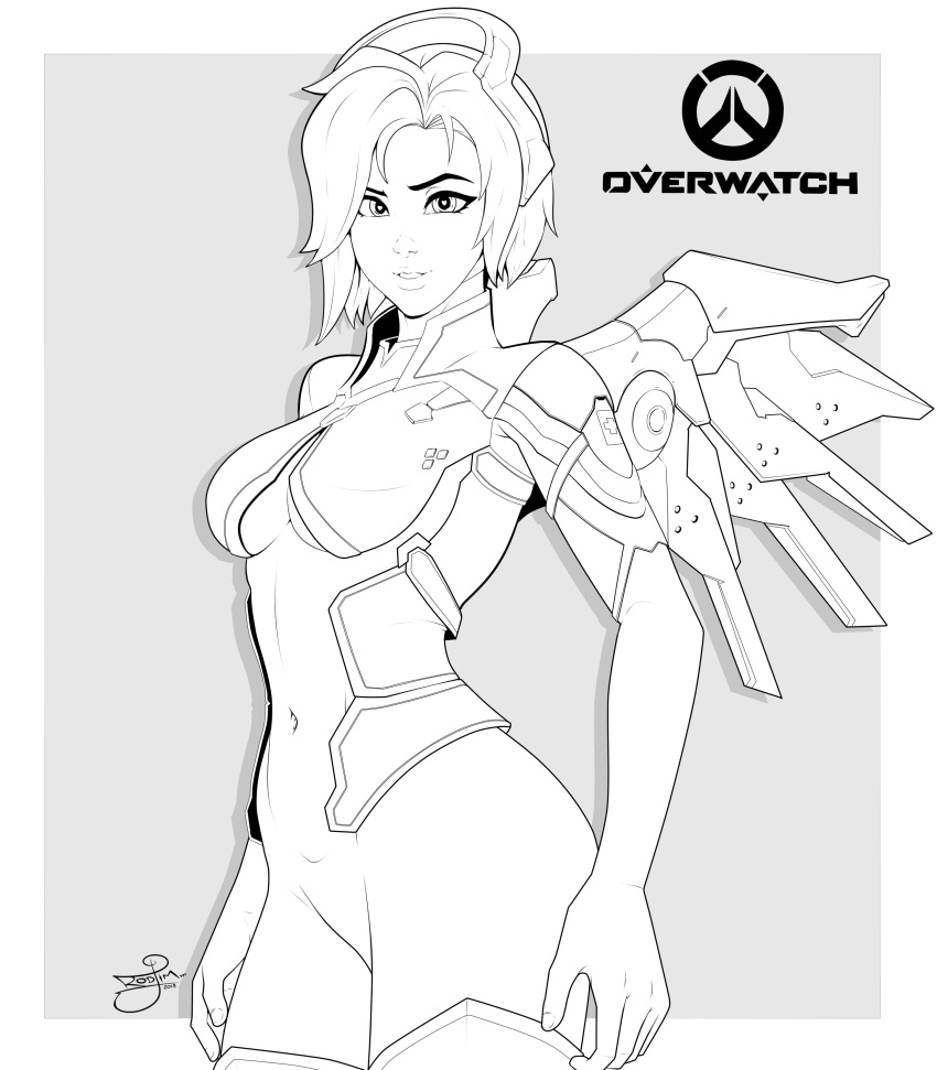 1girl a_rodjim absurdres alternate_hairstyle arms_at_sides artist_name bare_arms bodysuit border bottomless breasts copyright_name cowboy_shot fingers grey_background heart heart-shaped_pupils highres lineart lips logo looking_at_viewer mechanical_halo mechanical_wings medium_breasts mercy_(overwatch) monochrome navel no_pants nose overwatch parted_lips partially_undressed short_hair signature simple_background sketch smile solo swiss_flag symbol-shaped_pupils thighhighs white_border wings