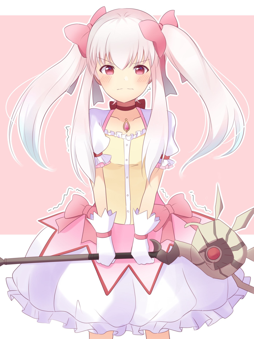 1girl absurdres blush bow closed_mouth cosplay dress fire_emblem fire_emblem:_three_houses gloves hair_bow highres holding holding_staff kaname_madoka kaname_madoka_(cosplay) long_hair lysithea_von_ordelia mahou_shoujo_madoka_magica pimi_(ringsea21) pink_background pink_eyes seiyuu_connection short_sleeves simple_background solo staff twintails white_gloves white_hair yuuki_aoi