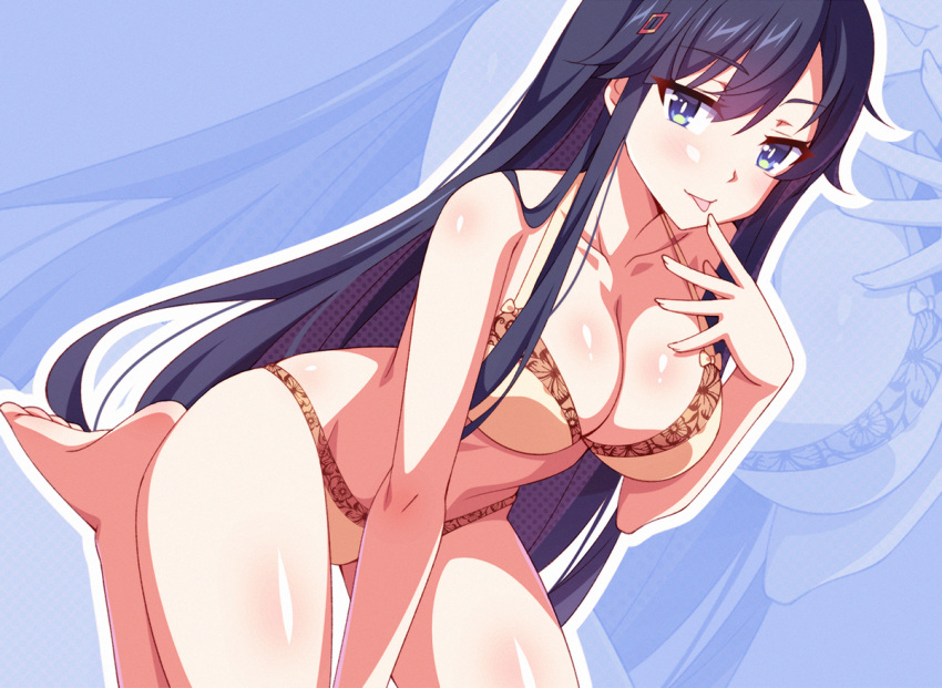 barefoot blush bra long_hair mmrailgun panties tagme_(character) underwear