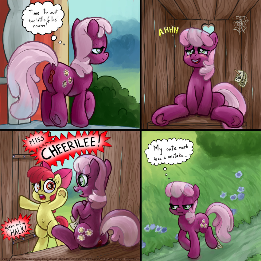 1:1 apple_bloom_(mlp) bodily_fluids cheerilee_(mlp) comic equid equine female friendship_is_magic genital_fluids hi_res horse mammal my_little_pony navel outhouse peeing pony sketch smudge_proof teats urine watersports