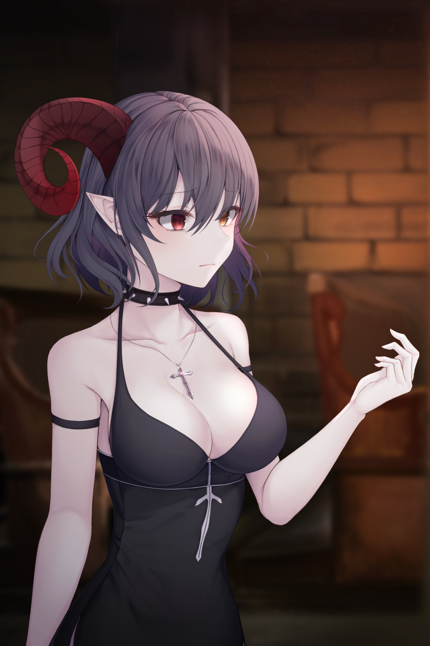 1girl absurdres arm_strap bangs bare_shoulders black_choker black_dress blurry blurry_background blush breasts brick_wall choker cleavage closed_mouth collarbone cross cross_necklace depth_of_field dress eyebrows_visible_through_hair frown g_home hair_between_eyes hand_up highres horn indoors jewelry large_breasts necklace orange_eyes original pointy_ears red_eyes short_hair sleeveless sleeveless_dress solo spiked_choker spikes upper_body