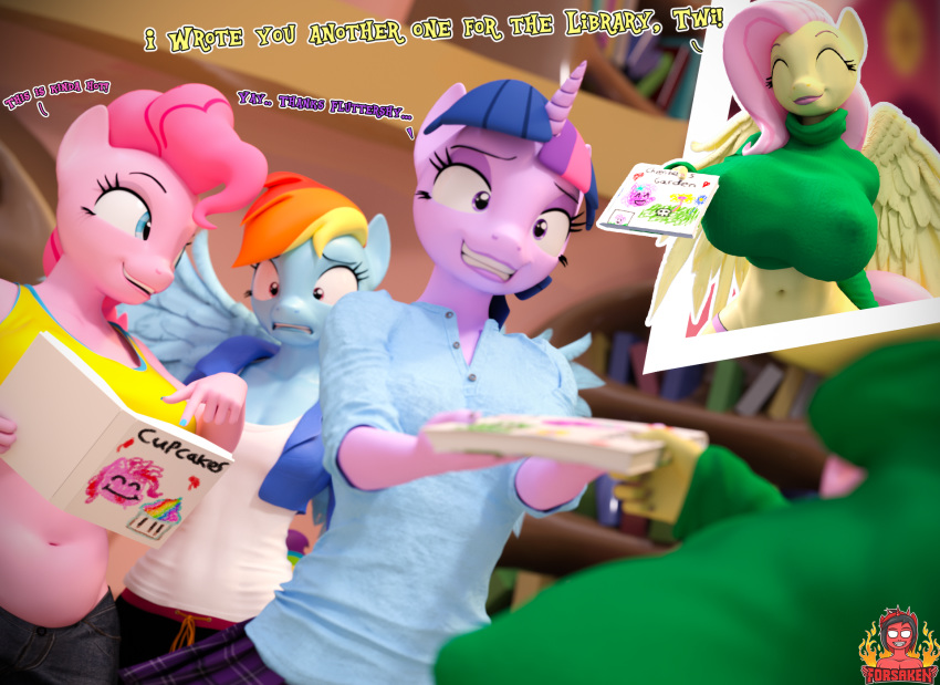 3d_(artwork) anthro big_breasts book breasts cheerilee's_garden_(mlp_fanfic) clothing cupcakes_(mlp_fanfic) dialogue digital_media_(artwork) english_text equid equine female fluttershy_(mlp) forsaken_(artist) friendship_is_magic happy hi_res horn horse lipstick makeup mammal my_little_pony navel nervous nipple_outline pink_lipstick pinkie_pie_(mlp) pony pterippus purple_eyes rainbow_dash_(mlp) scared smile sweater text topwear turtleneck twilight_sparkle_(mlp) unicorn wings
