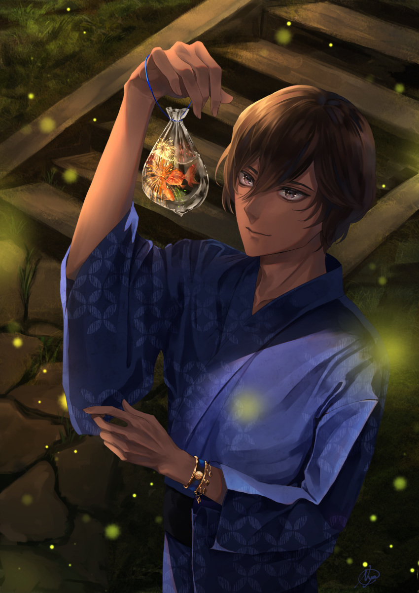 1boy absurdres aerial_fireworks arjuna_(fate/grand_order) bag bagged_fish blue_kimono bracelet brown_eyes brown_hair bug fate/grand_order fate_(series) firefly fireworks fish goldfish grass hair_between_eyes highres insect japanese_clothes jewelry kimono male_focus night night_sky nyaon_oekaki outdoors reflection signature sky solo stairs standing wide_sleeves yukata