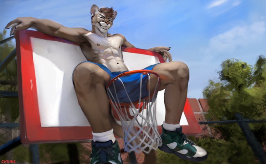 2019 anthro athletic basketball bottomwear chunie clothed clothing cougar detailed_background digital_media_(artwork) felid feline fur hair hi_res looking_at_viewer male mammal navel nipples outside shorts sitting sky smile solo topless