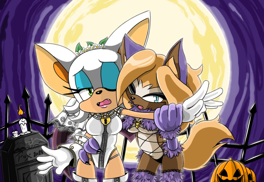 anthro bride candle clothed clothing cosplay dangerous_beast fangs female food fox_gungrave fruit halloween holidays idw_publishing looking_at_viewer moon one_eye_closed plant pumpkin rouge_the_bat sonic_(series) sonic_the_hedgehog_(idw) teeth tongue whisper_the_wolf wings wink