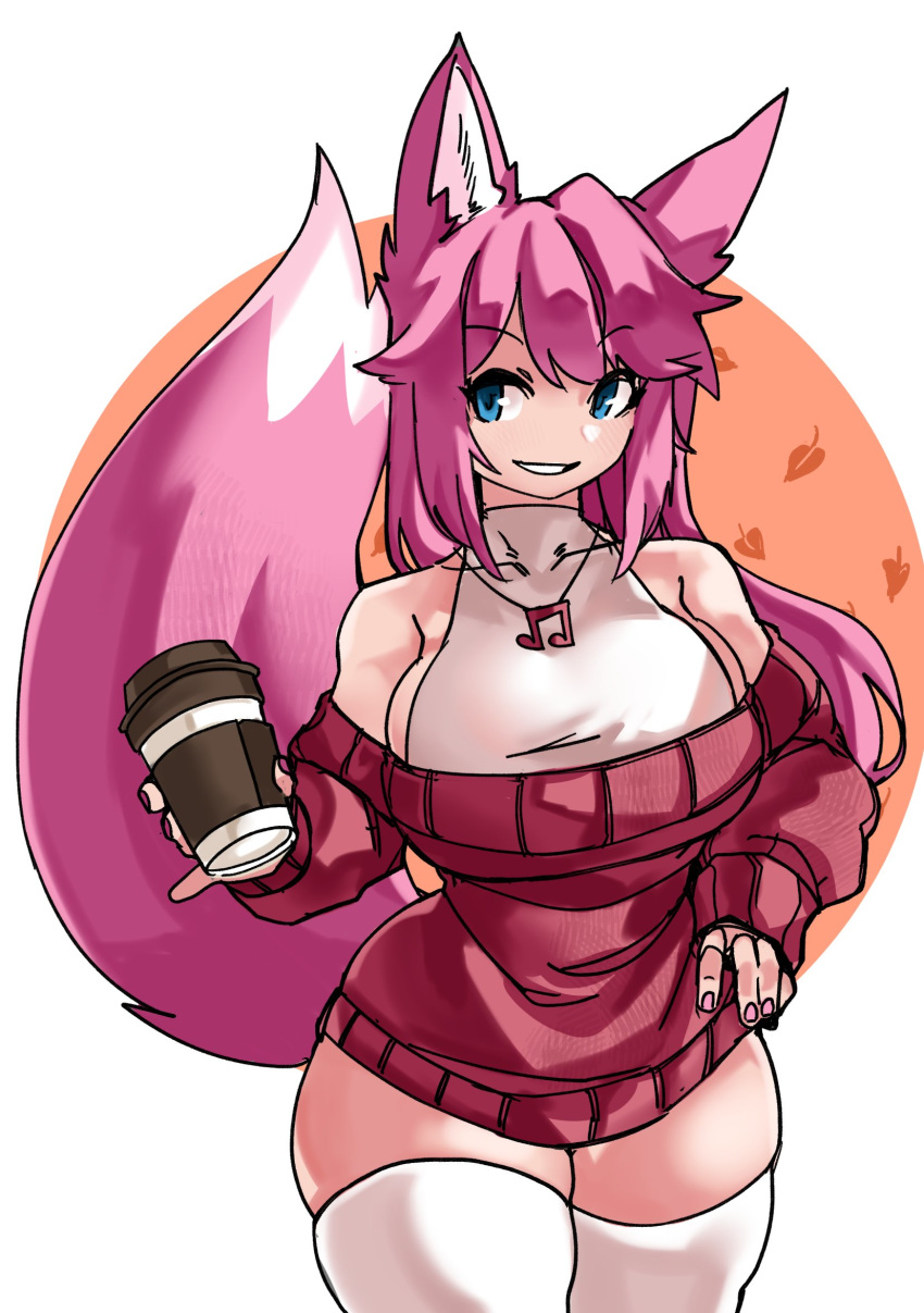 1girl animal_ears autumn_leaves bare_shoulders blue_eyes breasts character_request coffee_cup copyright_request cup curvy disposable_cup dress fox_ears fox_tail grin hand_on_hip highres jewelry leotard leotard_under_clothes long_hair musical_note off-shoulder_sweater off_shoulder pendant pink_hair pink_nails pink_tail pinky_out sideboob smile solo sweater sweater_dress tail thick_thighs thighhighs thighs white_legwear white_leotard zana zettai_ryouiki