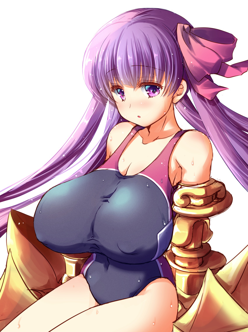 absurdres breasts covered_nipples fate/extra fate/extra_ccc fate/grand_order fate_(series) fujiyama_takashi gigantic_breasts hair_ribbon highres looking_at_viewer one-piece_swimsuit passion_lip pink_ribbon purple_hair purple_ribbon ribbon swimsuit