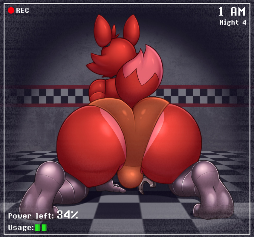 2019 acstlu animatronic anthro big_butt bottomwear bulge butt butt_focus canid canine clothing five_nights_at_freddy's fox foxy_(fnaf) fur girly hi_res inside machine male mammal rear_view red_body red_fox red_fur robot solo underwear video_games wide_hips