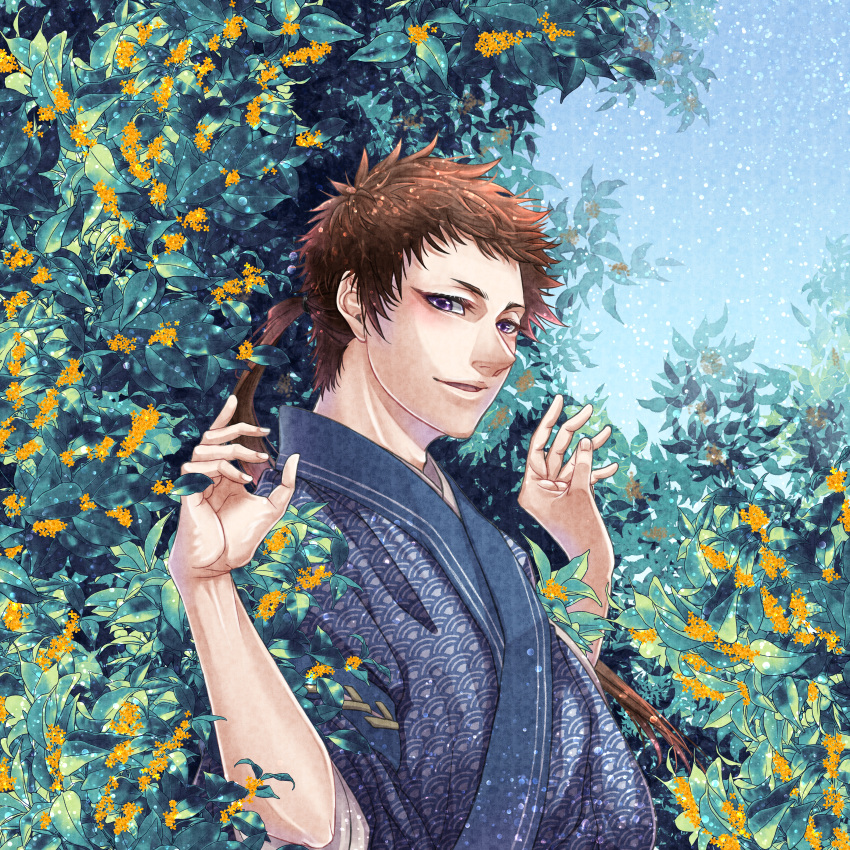 1boy absurdres blue_kimono blue_sky brown_hair flower hakuouki_shinsengumi_kitan hands_up highres huge_filesize japanese_clothes kimono long_hair looking_at_viewer male_focus outdoors ponytail purple_eyes s0shir0 sky solo upper_body very_long_hair yamazaki_susumu_(hakuouki)