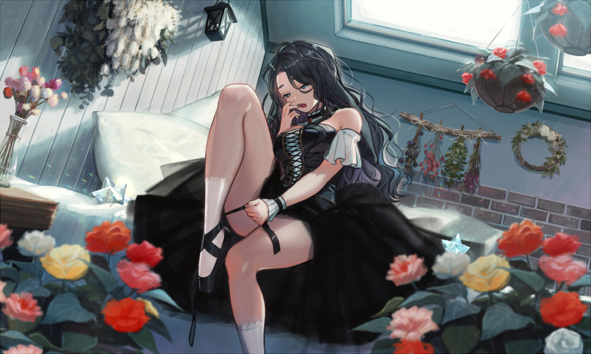 1girl ballet_slippers bed black_hair blue_eyes cross-laced_clothes detached_collar detached_sleeves dress dutch_angle eyebrows_visible_through_hair flower flower_pot freestyle18 hanging_plant lantern leaf legs long_hair open_mouth original pillow ribbon_shoes rose single_tear sitting skylight socks tearing_up teeth vase white_legwear window wreath wrist_cuffs yawning