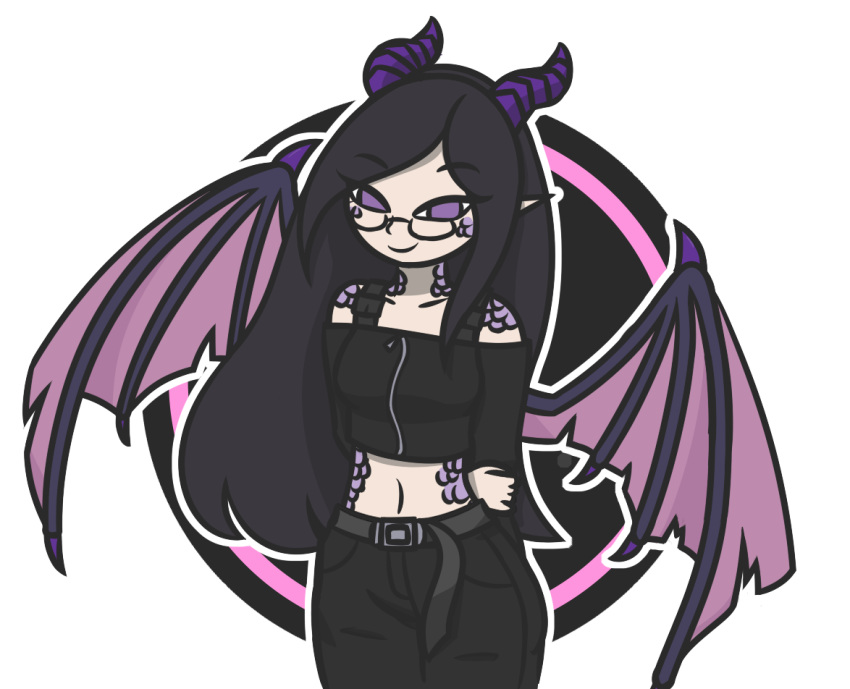 2019 black_hair breasts clothed clothing digital_media_(artwork) dragon eyewear female fully_clothed glasses hair hands_behind_back happy horn humanoid invalid_tag looking_at_viewer membrane_(anatomy) membranous_wings meyumi39 monster_girl_(genre) not_furry pinup pose purple_hair reptile scales scalie simple_background smile solo toony wings