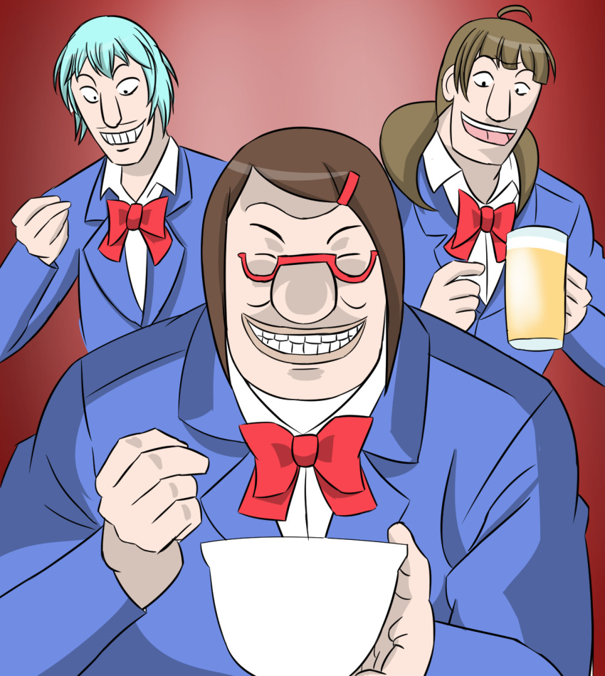 3boys alcohol beer blue_hair blue_jacket bow brown_background brown_hair clenched_hand cosplay crossover fukumoto_nobuyuki_(style) hair_ornament hairclip highres houkago_saikoro_club jacket kaiji kaoru_isawa long_hair long_sleeves male_focus multiple_boys oono_midori oono_midori_(cosplay) ootsuki_(kaiji) red-framed_eyewear red_bow ryuu_(nagareto) school_uniform takayashiki_aya takayashiki_aya_(cosplay) takekasa_miki takekasa_miki_(cosplay) takuya_nunmakawa twintails