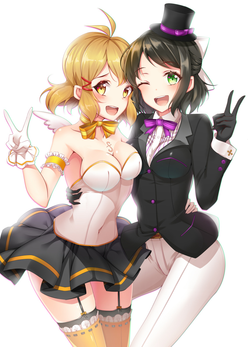 2girls :d ;d absurdres angel_wings antenna_hair armband arms_around_waist arms_behind_back bangs black_gloves black_hair black_headwear black_jacket black_skirt blonde_hair blush bow bowtie breasts cleavage eyebrows_visible_through_hair frill_trim garter_straps gloves green_eyes hair_tie half_gloves halloween_costume hat highres jacket kohinata_miku koyaya large_breasts long_sleeves mini_hat mini_top_hat multiple_girls one_eye_closed open_mouth pants pleated_skirt purple_neckwear senki_zesshou_symphogear short_hair simple_background skirt sleeveless smile strapless striped striped_neckwear tachibana_hibiki_(symphogear) thighhighs top_hat upper_teeth v white_background white_gloves white_pants wings yellow_bow yellow_eyes yellow_neckwear