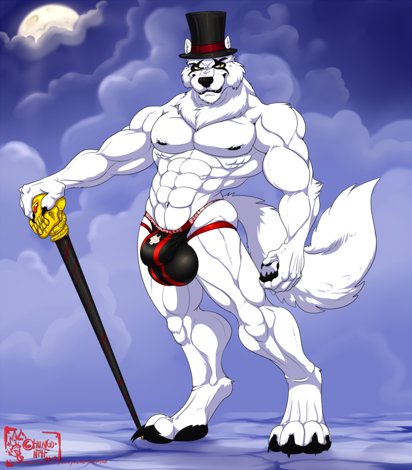 2019 4_toes 5_fingers abs anthro biceps bulge cane canid canine canis claws clothing fingerpads fingers fur hi_res hungothenomster jockstrap looking_at_viewer male mammal muscular muscular_male muscular_thighs neck_tuft nipples pecs solo standing tight_underwear toe_claws toes tuft underwear white_body white_fur white_skin wolf yellow_eyes