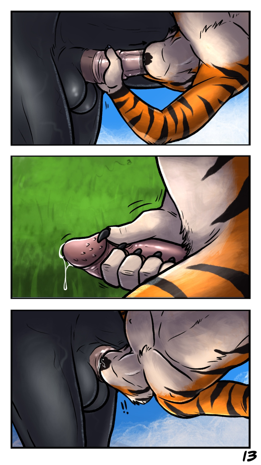 anthro balls barbed_penis bestiality comic duo equid equine fangs felid fellatio feral hi_res horse hufnaar male male/male mammal oral pantherine penetration penile penis servicing_from_below sex tiger