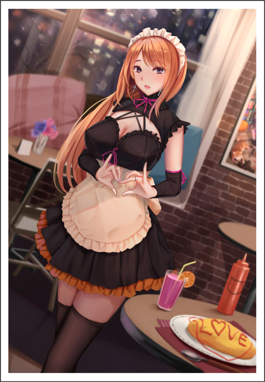 1girl black_legwear blush breasts dress food highres large_breasts maid maid_headdress orange_hair original scenery thighhighs thighs yuzuriha