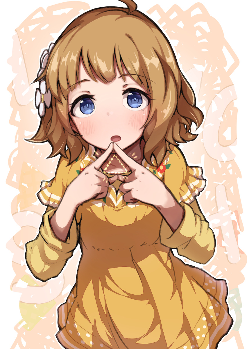 1girl absurdres ahoge bangs blue_eyes blush breasts brown_dress brown_hair commentary_request dotted_line dress eyebrows_visible_through_hair fingers_together flower hair_flower hair_ornament hands_up highres idolmaster idolmaster_million_live! idolmaster_million_live!_theater_days long_sleeves looking_at_viewer open_mouth short_over_long_sleeves short_sleeves small_breasts solo suou_momoko triangle white_flower woshinon