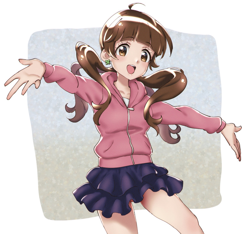 1girl :o bangs blue_skirt blunt_bangs brown_eyes brown_hair clover_earrings grey_background hood hood_down houkago_saikoro_club long_hair long_sleeves looking_at_viewer mister_alof outstretched_arms pink_hoodie simple_background skirt solo standing takayashiki_aya twintails zipper