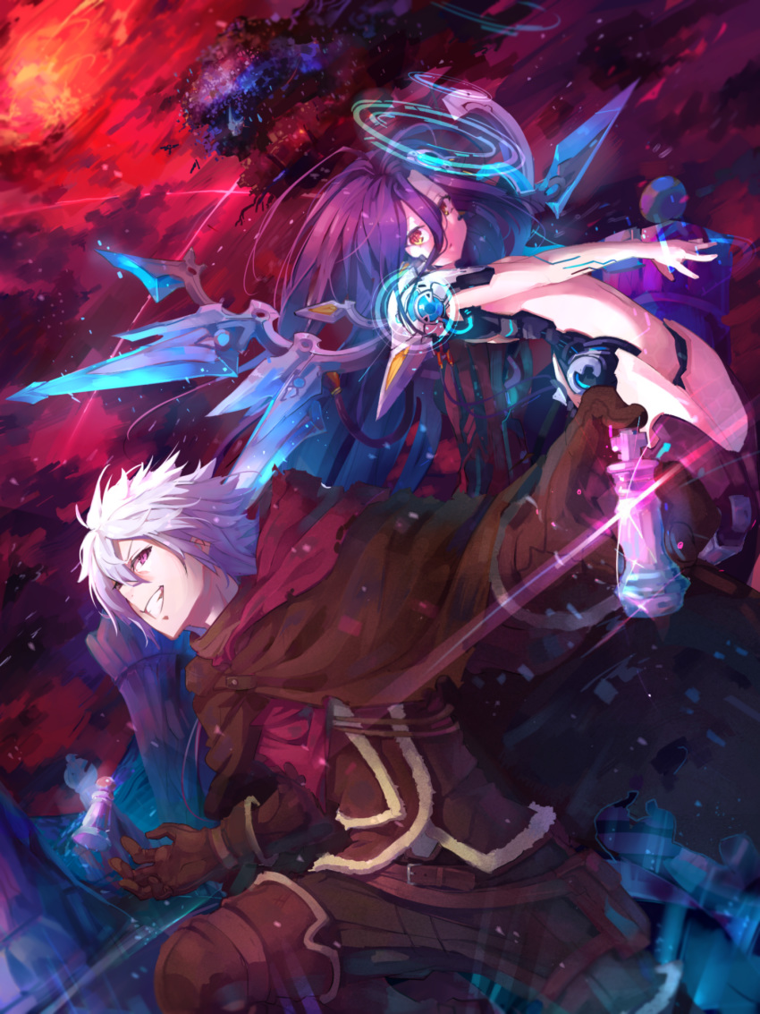 1boy 1girl belt brown_cloak brown_gloves character_request chess_piece cloak gloves hair_between_eyes highres kurokitsune_(float0108) lens_flare long_hair mountain navel no_game_no_life open_mouth orange_eyes outdoors parted_lips purple_eyes purple_hair red_sky shuvi_(no_game_no_life) silhouette sky smile teeth torn_clothes tree white_hair