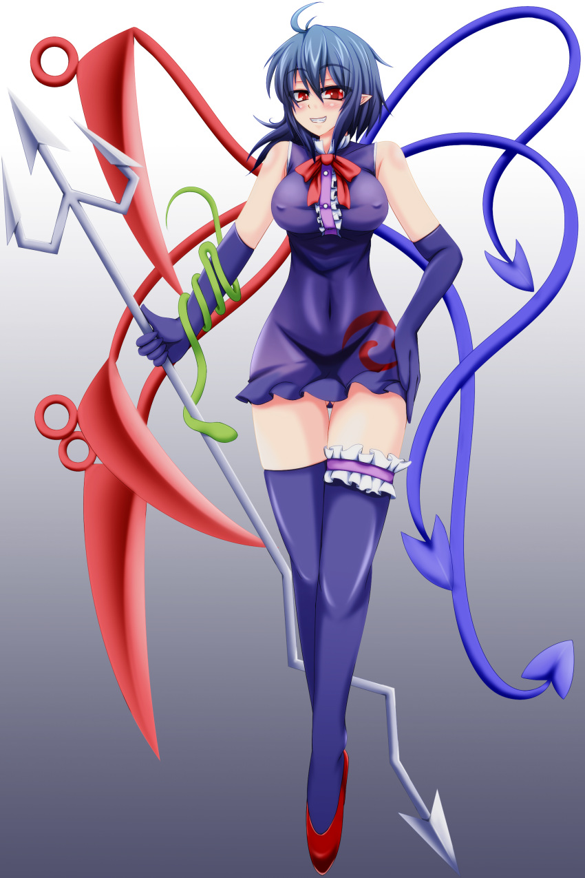 1girl absurdres ass_visible_through_thighs asymmetrical_wings black_gloves black_hair black_legwear blush bow bowtie dress gloves highres houjuu_nue nipples parmiria pointy_ears polearm red_eyes red_footwear shoes simple_background smile snake thighhighs tight_dress touhou trident weapon wings