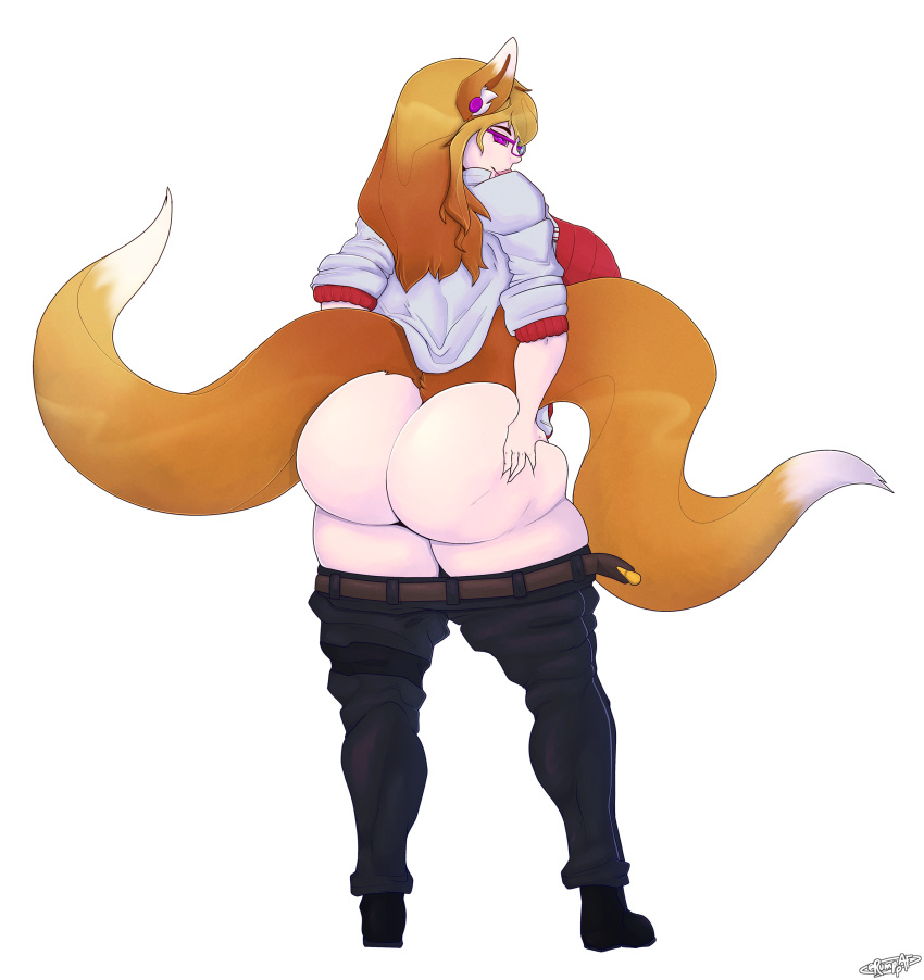 2019 2_tails absurd_res bianca_(tits) big_breasts big_butt blonde_hair breasts butt butt_grab canid canine clothed clothing curvaceous curvy_figure digital_media_(artwork) eyewear female fingers fox from_behind_(disambiguation) glasses hair hand_on_butt hi_res huge_butt huge_thighs looking_at_viewer looking_back mammal mature_female multi_tail presenting rumpaf smile solo squeezing thick_thighs topwear trials_in_tainted_space voluptuous wide_hips