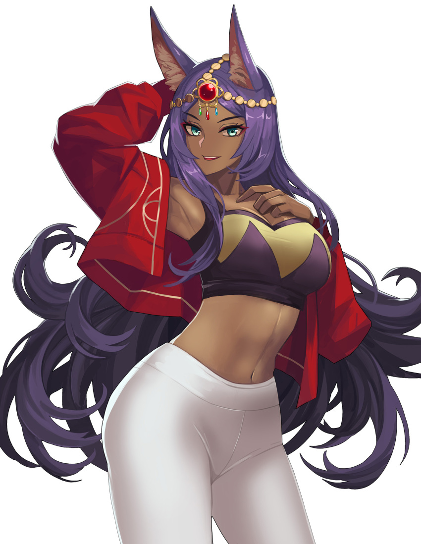 1girl animal_ears aqua_eyes arm_behind_head armpits bangs blush bra breasts circlet cleavage dark_skin drogod eyeliner fate/grand_order fate_(series) forehead_jewel hand_on_own_chest head_chain highres jacket large_breasts long_hair long_sleeves looking_at_viewer makeup navel open_clothes open_jacket open_mouth pants parted_bangs purple_bra purple_hair queen_of_sheba_(fate/grand_order) red_jacket simple_background smile solo sports_bra thighs tight tight_pants underwear white_pants yoga_pants