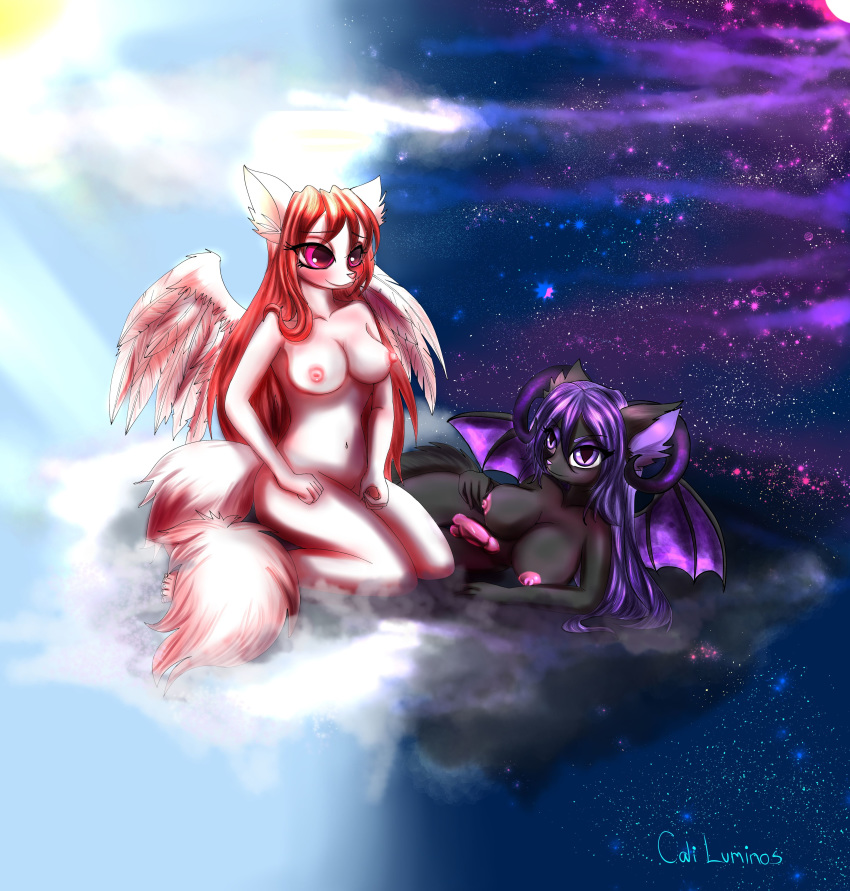 :3 absurd_res angel animal_genitalia anthro artemis_tsukino balls big_breasts big_eyes black_body black_fur blush breasts cali_pona cloud day demon domestic_cat duo erect_nipples evil_look felid feline felis female fur gynomorph hair halo hi_res horn inner_ear_fluff intersex kneeling long_hair long_tail lying mammal moon night nipples nude on_side penis pink_eyes pink_hair pink_nipples pink_nose pink_penis purple_eyes purple_hair simetra_kuro sky star sun tuft white_body white_fur wings