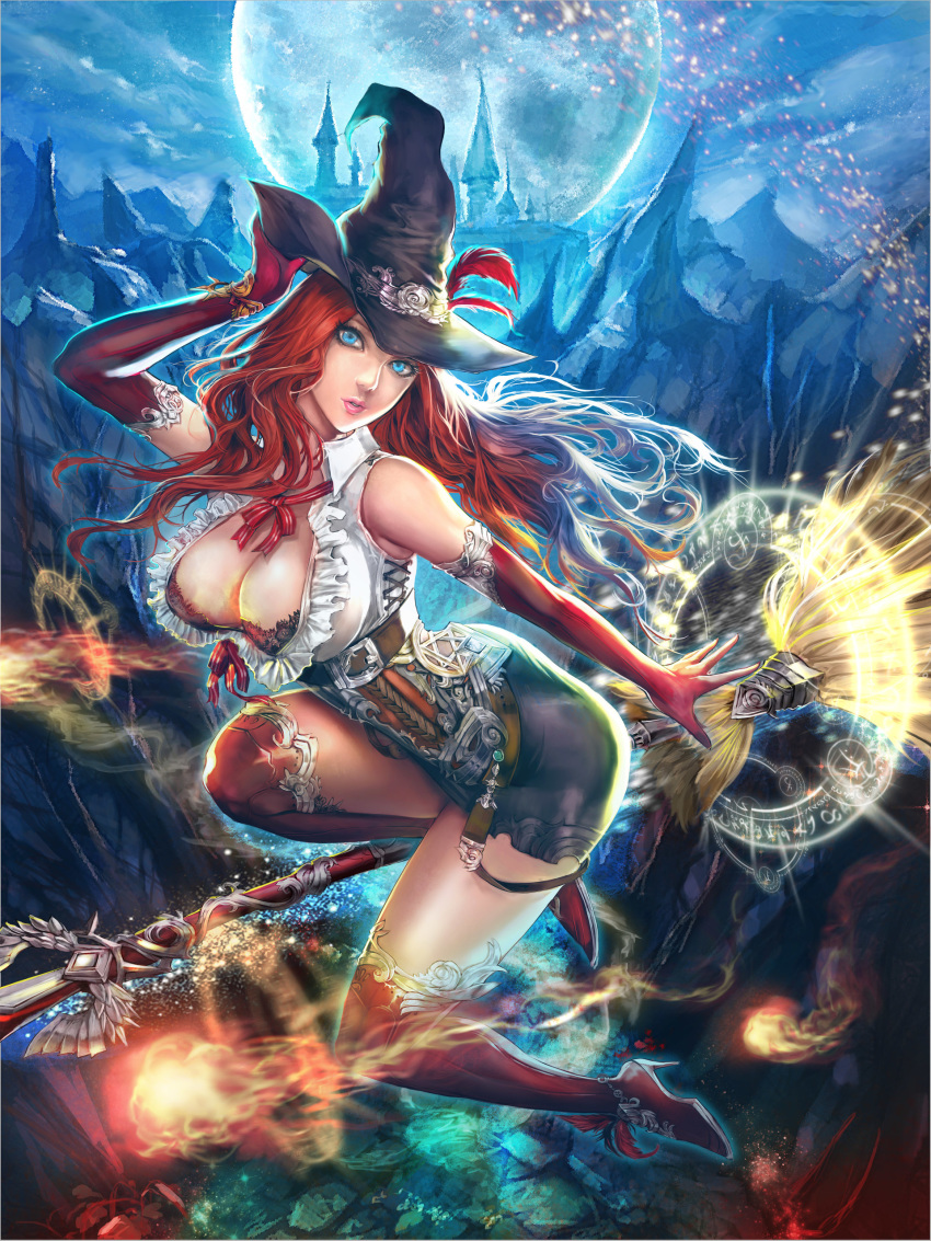 1girl absurdres adjusting_clothes adjusting_hat bad_anatomy belt black_headwear black_skirt blue_eyes boots breasts broom broom_riding castle cleavage copyright_request elbow_gloves fire frills full_moon gloves hat high_heel_boots high_heels highres kenshjn_park large_breasts long_hair looking_at_viewer magic magic_circle moon night parted_lips pencil_skirt pink_lips red_footwear red_gloves red_hair red_legwear red_ribbon ribbon sheath sheathed skirt solo thighhighs witch_hat