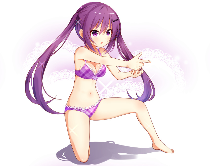 1girl absurdres bangs bare_arms bare_legs bare_shoulders barefoot blush bra commentary_request doily eyebrows_visible_through_hair finger_gun frilled_bra frilled_panties frills full_body gochuumon_wa_usagi_desu_ka? hair_between_eyes hair_ornament hairclip highres long_hair nanakusa_amane navel one_knee panties parted_lips plaid plaid_bra plaid_panties purple_bra purple_eyes purple_hair purple_panties ribbon-trimmed_bra ribbon-trimmed_panties shadow sidelocks solo tedeza_rize twintails underwear underwear_only v-shaped_eyebrows very_long_hair