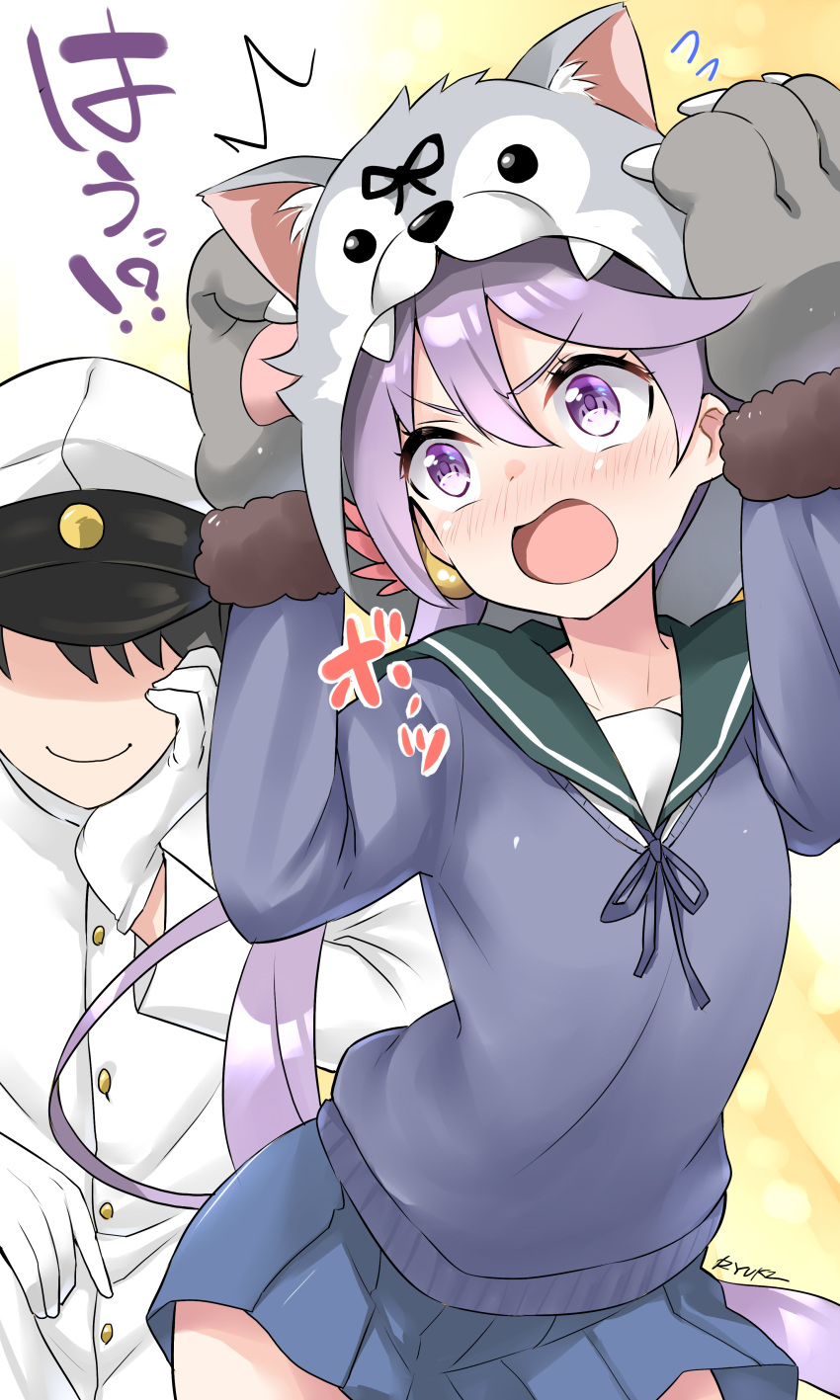 1boy 1girl absurdres admiral_(kantai_collection) akebono_(kantai_collection) animal_hood bell black_hair blue_skirt blush cardigan commentary_request flower gloves green_sailor_collar hair_bell hair_between_eyes hair_flower hair_ornament hat highres hood jingle_bell kantai_collection long_hair long_sleeves military military_uniform naval_uniform open_mouth paws peaked_cap pink_flower pleated_skirt purple_cardigan purple_eyes purple_hair ryuki_(ryukisukune) sailor_collar school_uniform serafuku shaded_face short_hair side_ponytail skirt smile uniform white_gloves