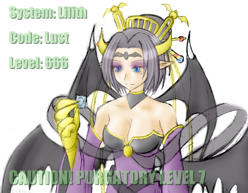 beauty_mark blue_eyes breasts clothed clothing condom demon digimon digimon_(species) eok1335 eyeshadow female hair hi_res holding_condom holding_object horn humanoid humanoid_pointy_ears lilithmon makeup solo text wings wrapped_condom
