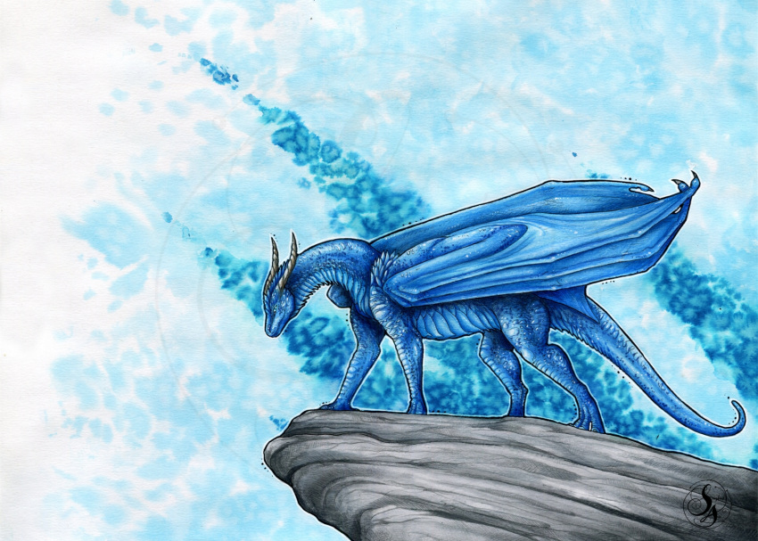 2019 ambiguous_gender blue_body blue_scales claws dragon feral hi_res horn membrane_(anatomy) membranous_wings natoli rock scales scalie solo spines standing traditional_media_(artwork) western_dragon wings