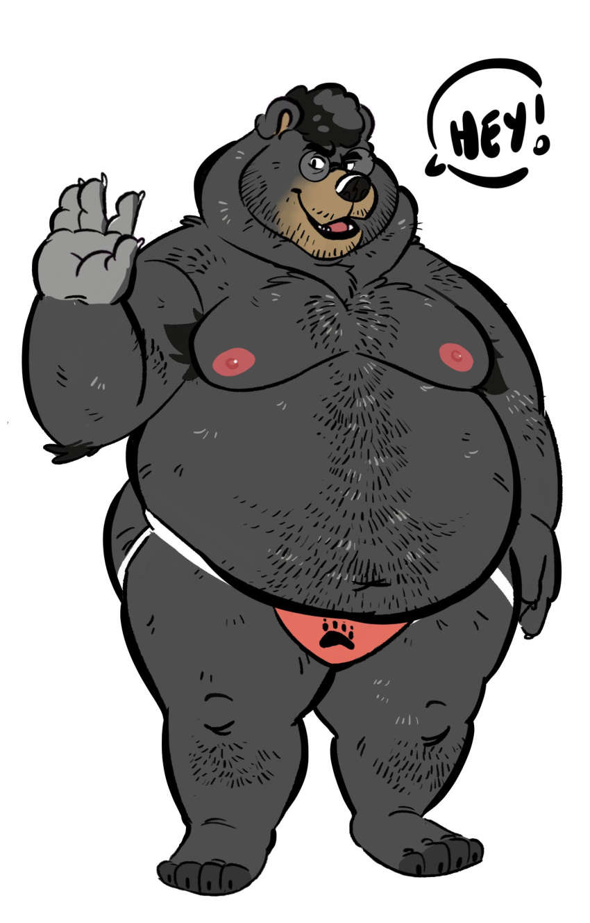 2019 american_black_bear anthro black_bear black_body black_fur burrnie clothing eyewear fur glasses hi_res humanoid_hands jockstrap male mammal moobs nipples overweight overweight_male simple_background solo spazz_bear text underwear ursid ursine white_background