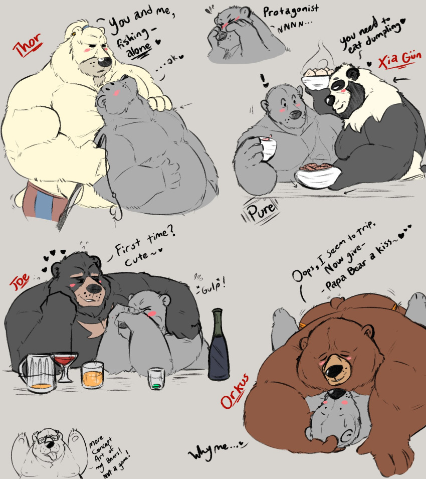 &lt;3 2019 anthro belly black_body black_fur blush brown_body brown_fur butt drunk english_text eyes_closed fur giant_panda group hi_res male male/male mammal moobs overweight overweight_male polar_bear pure_command substance_intoxication text ursid ursine white_body white_fur